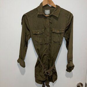 Maeve by ANTHROPOLOGIE Olive Green Button-Up Belted Shirt Size 6
